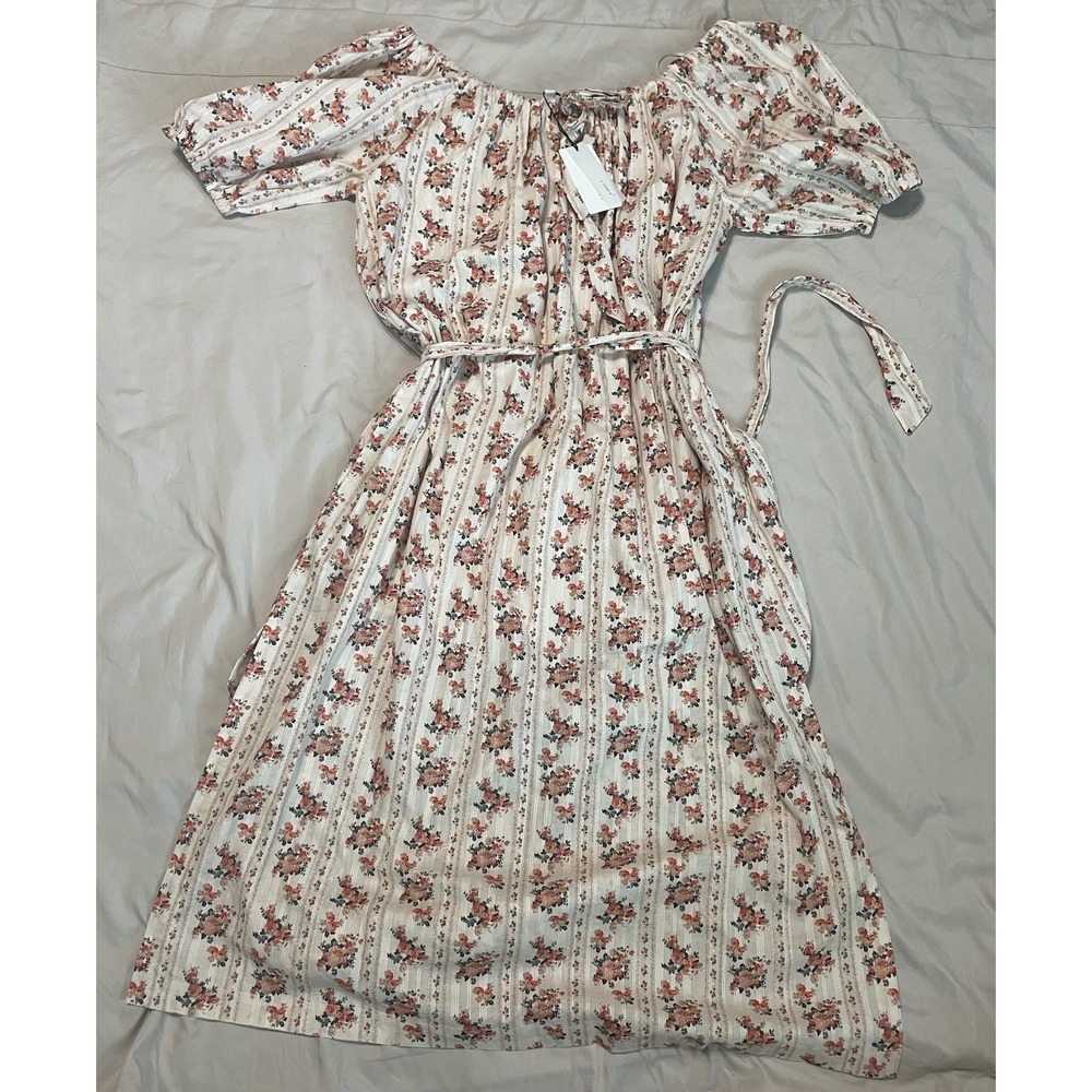 NWT A‎ Loves A Tie Scoop Neck Short Puff Sleeve Floral Belted Midi Dress Large